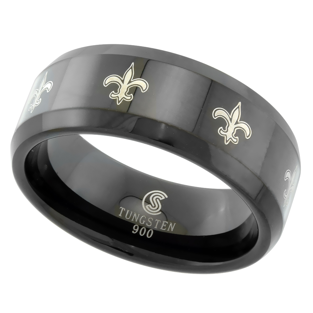 8mm Black Tungsten Wedding Ring Etched Fleur De Lis Pattern Beveled Edges Comfort fit sizes 7 - 14