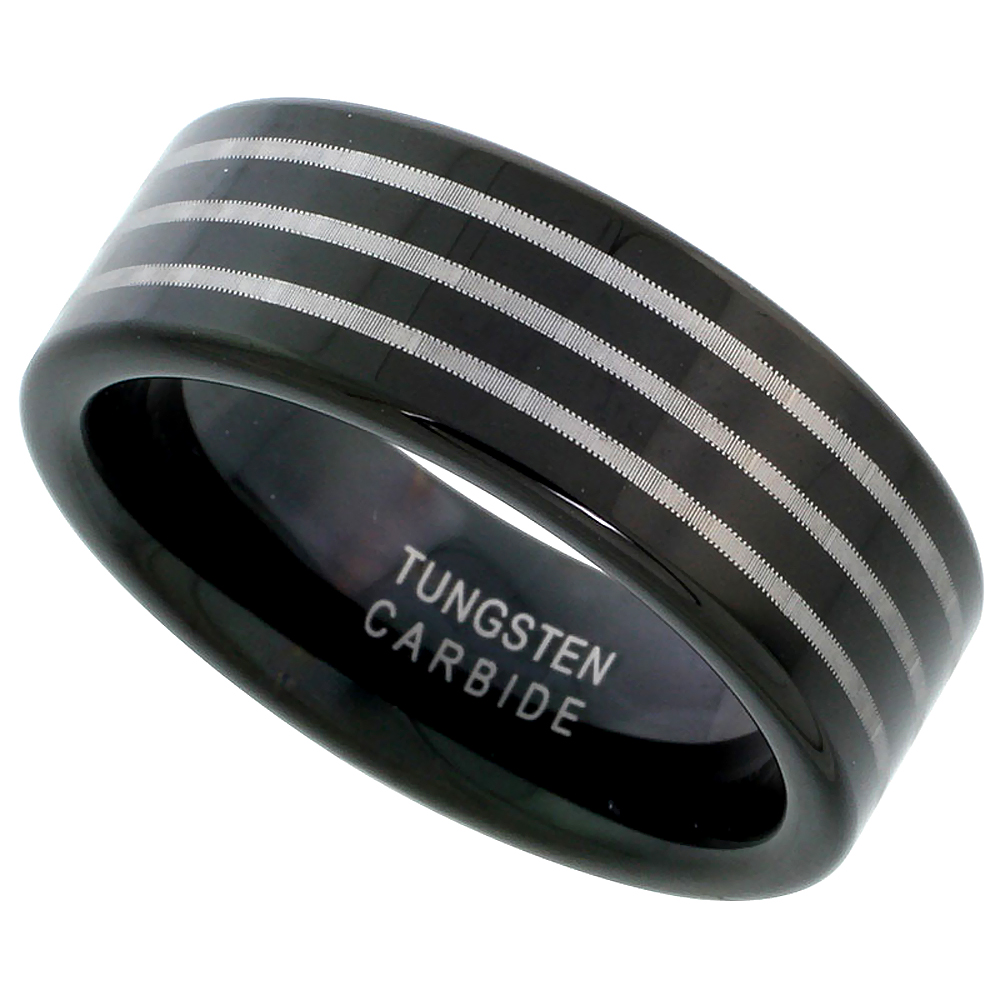 Tungsten Carbide 8 mm Flat Wedding Band Ring Blackened Finish Triple Etched Stripes, sizes 7 to 14