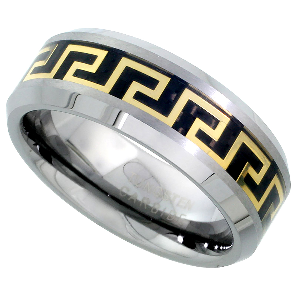 TUNGSTEN CARBIDE 8 MM FLAT WEDDING BAND RING GOLD GREEK KEY INLAY BEVELED EDGES SIZES 7 TO 14