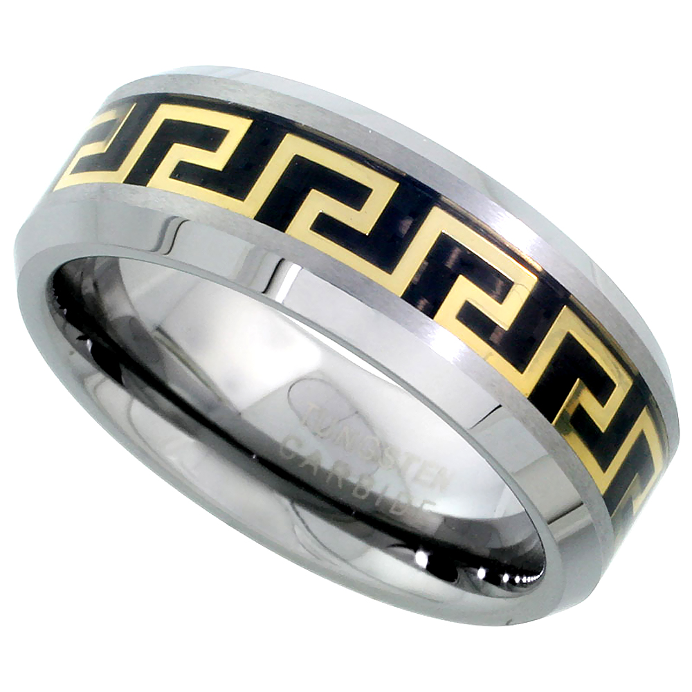 Tungsten Carbide 8 mm Flat Wedding Band Ring Gold Greek Key Inlay Beveled Edges, sizes 7 to 14