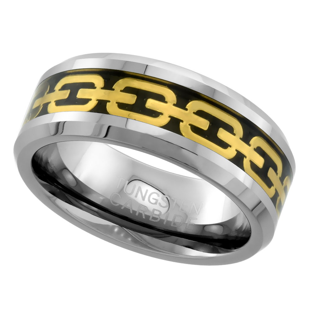 Tungsten Carbide 8 mm Flat Wedding Band Ring Gold Chain Link Inlay Beveled Edges sizes 7 to 14