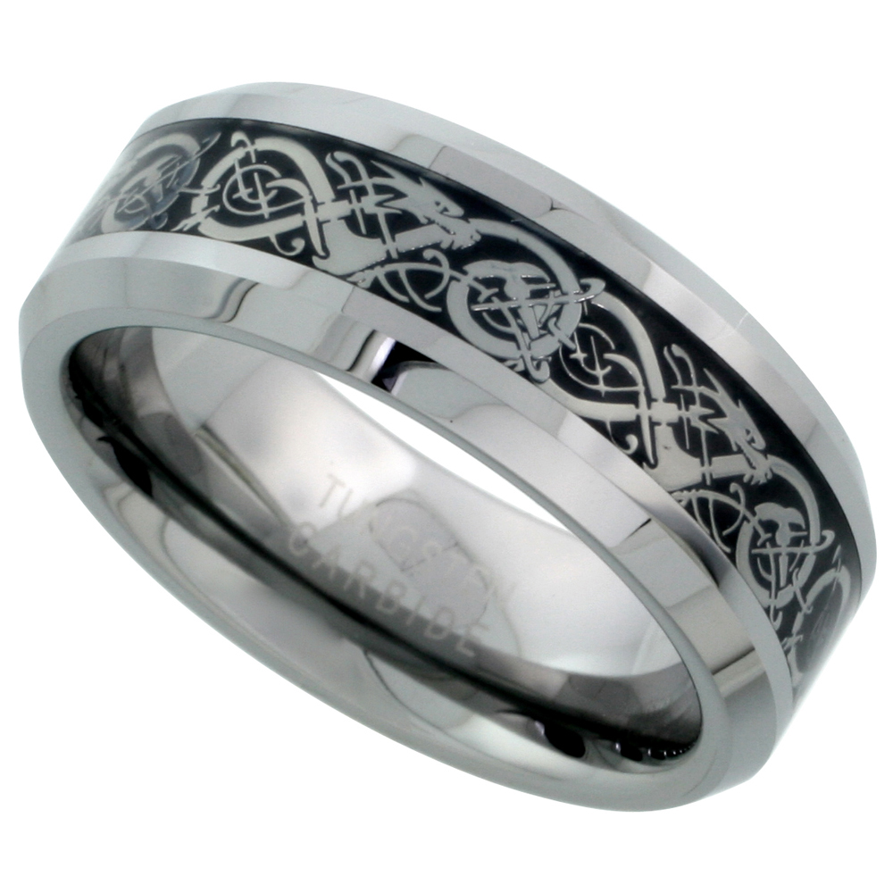 Tungsten Carbide 8 mm Flat Wedding Band Ring Inlaid Celtic Dragon Pattern Beveled Edges, sizes 7 to 14