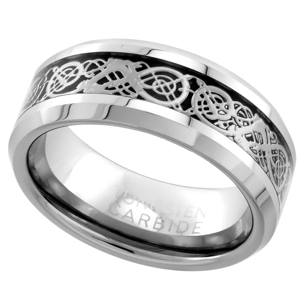 Tungsten Carbide 8 mm Flat Wedding Band Ring Inlaid Celtic Dragon Pattern Beveled Edges sizes 7 to 14