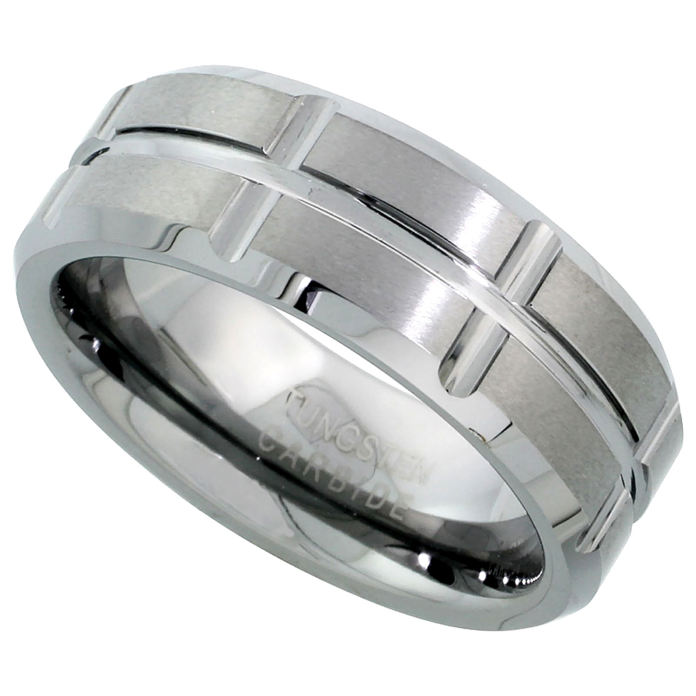 Tungsten Carbide 8 mm Flat Wedding Band Ring Grooved Center &amp; vertical Grooves Satin Finished Beveled Edges, sizes 7 to 14