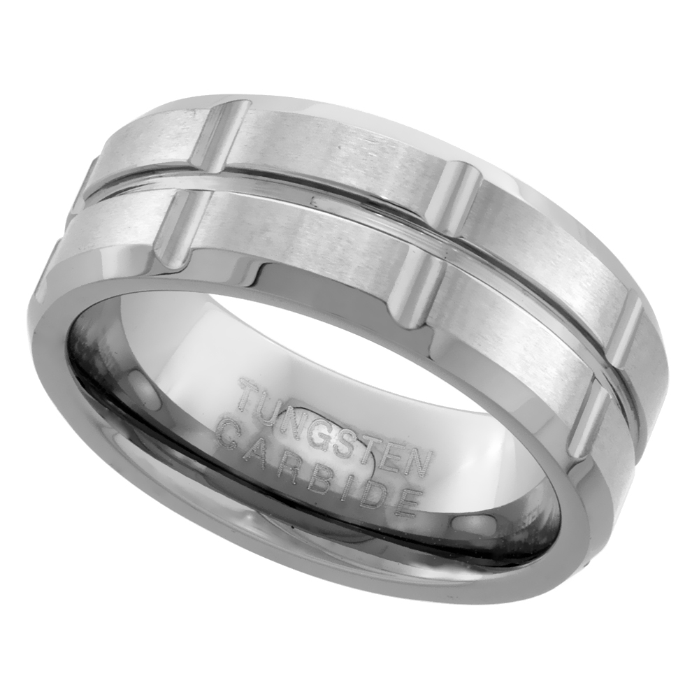 TUNGSTEN CARBIDE 8 MM FLAT WEDDING BAND RING GROOVED CENTER & VERTICAL GROOVES SATIN FINISHED BEVELED EDGES SIZES 7 TO 14