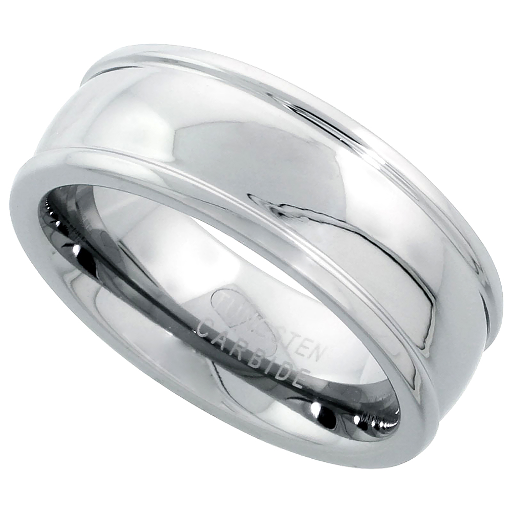 Tungsten Carbide 8 mm Domed Wedding Band Ring Raised Edges Mirror Finish, sizes 7 to 14