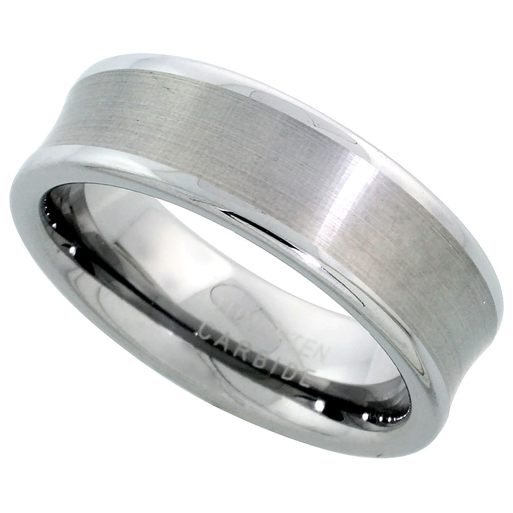 Tungsten Carbide 7 mm Wedding Band Ring Lightly Concaved Brushed Center, sizes 7 to 14