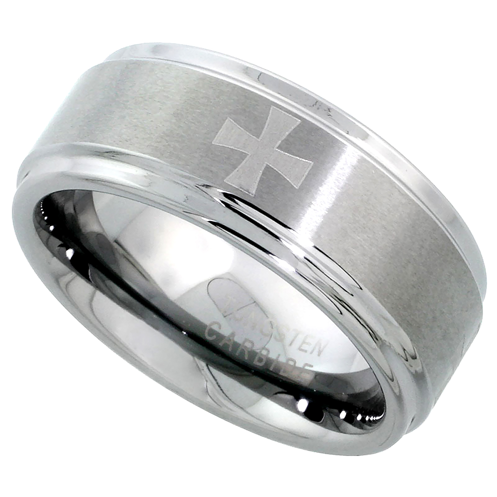 Tungsten Carbide 9 mm Flat Wedding Band Ring Etched Maltese Crosses Recessed Edges, sizes 7 to 14