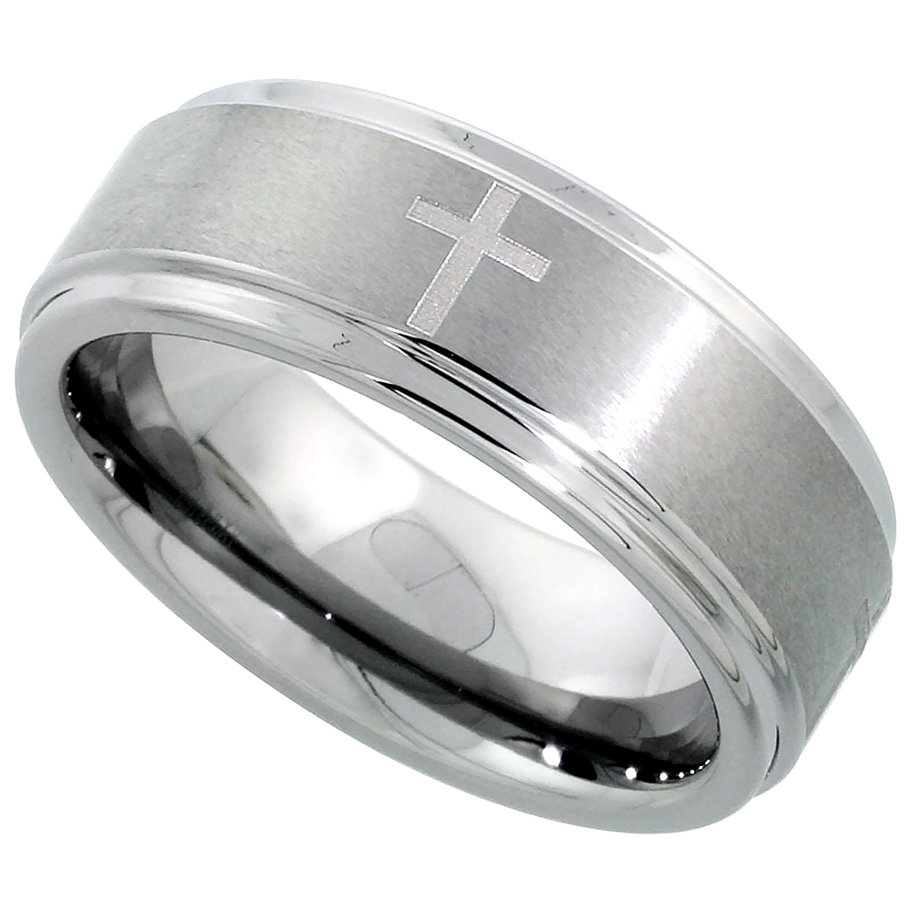 Tungsten Carbide 8 mm Flat Wedding Band Ring Satined Center Etched Crosses Recessed Edges, sizes 7 to 14