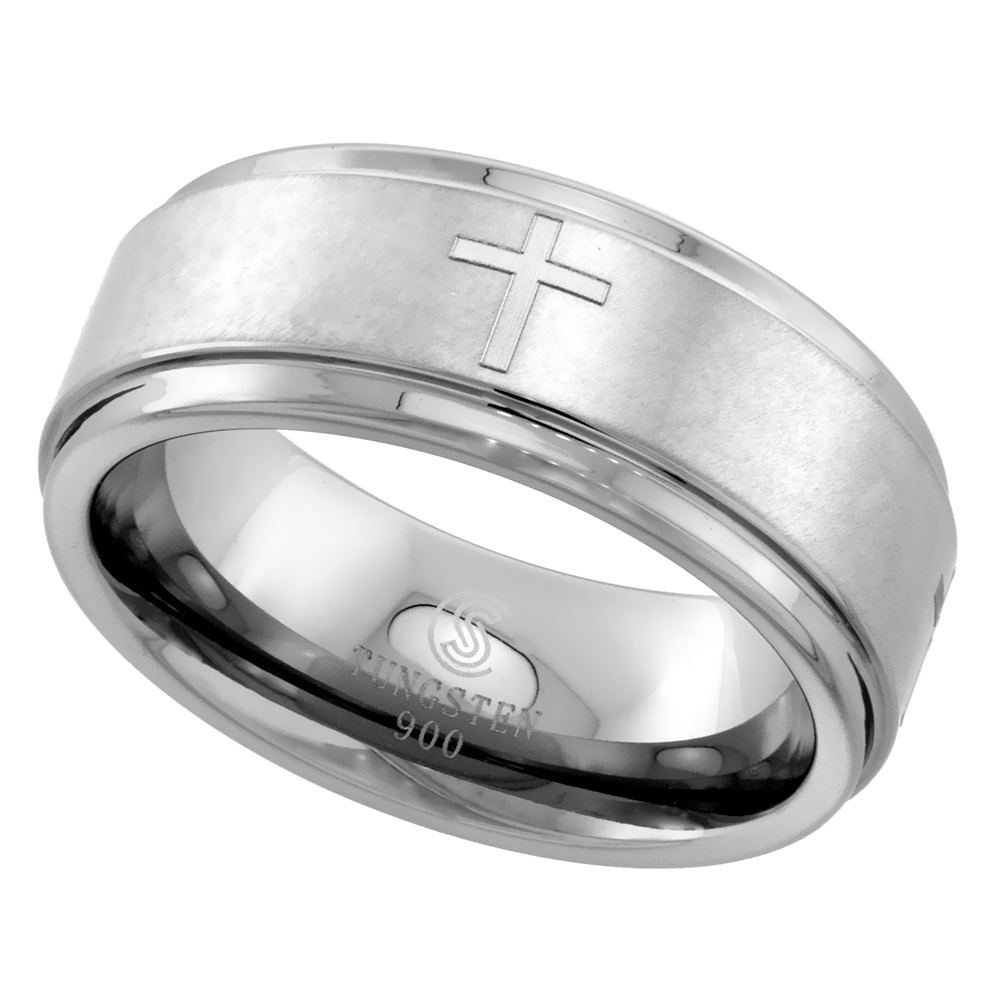 TUNGSTEN CARBIDE 8 MM FLAT WEDDING BAND RING SATIN FINISH CENTER ETCHED CROSSES RECESSED EDGES SIZES 7 TO 14
