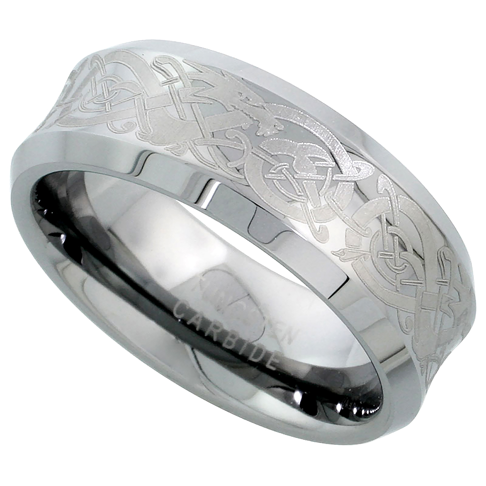 Tungsten Carbide 8 mm Concaved Wedding Band Ring Etched Celtic Dragon Pattern Beveled Edges, sizes 7 to 14