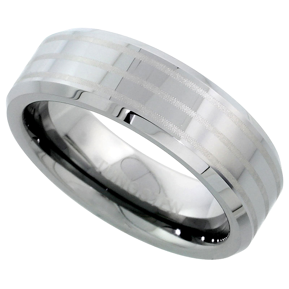 Tungsten Carbide 7 mm Flat Wedding Band Ring 3 Etched Stripes Beveled Edges, sizes 7 to 14