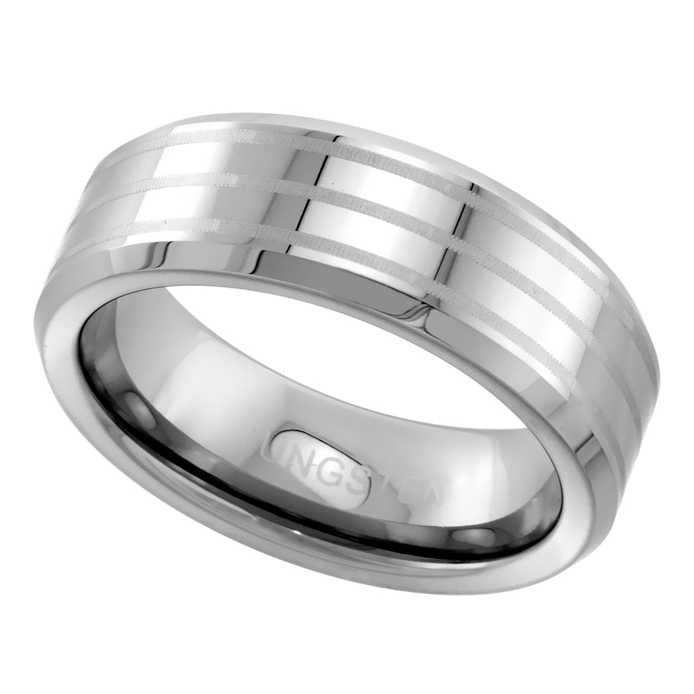 TUNGSTEN CARBIDE 7 MM FLAT WEDDING BAND RING 3 ETCHED STRIPES BEVELED EDGES SIZES 7 TO 14