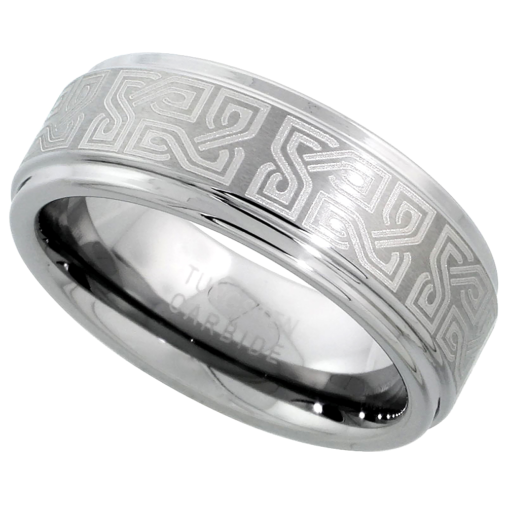 Tungsten Carbide 8 mm Flat Wedding Band Ring Etched Celtic Knots Recessed Edges, sizes 7 to 14