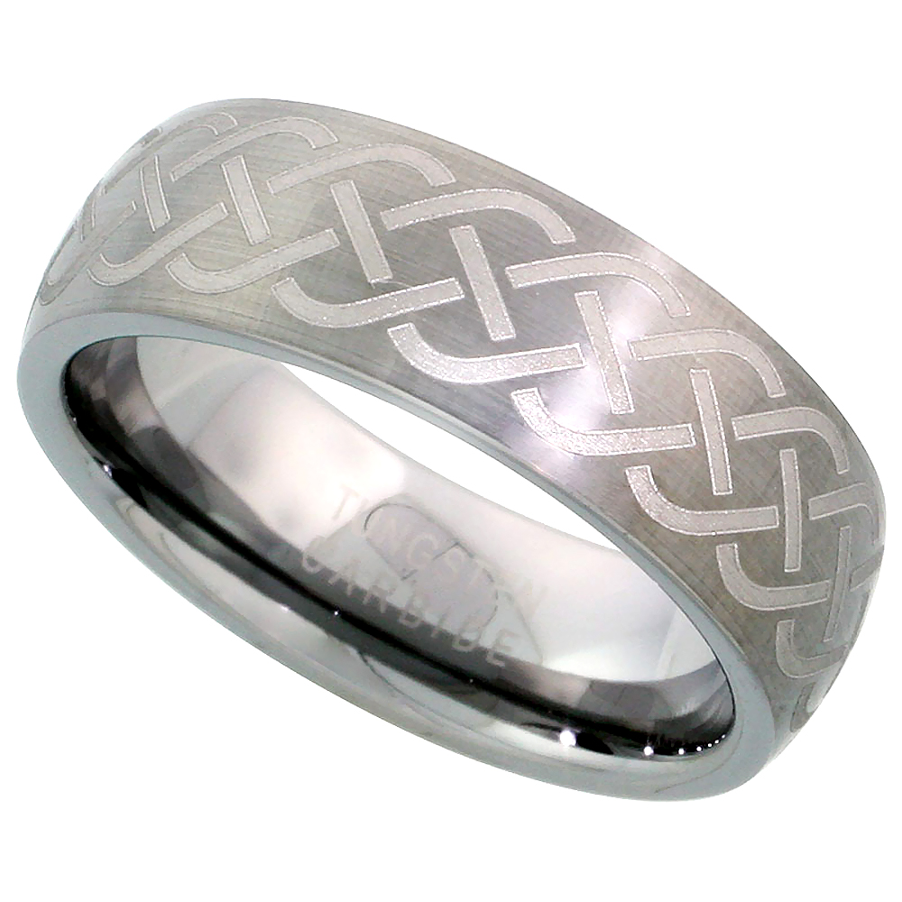 Tungsten Carbide 7 mm Domed Wedding Band Ring Brushed Finish Etched Celtic Knot Center, sizes 7 to 14