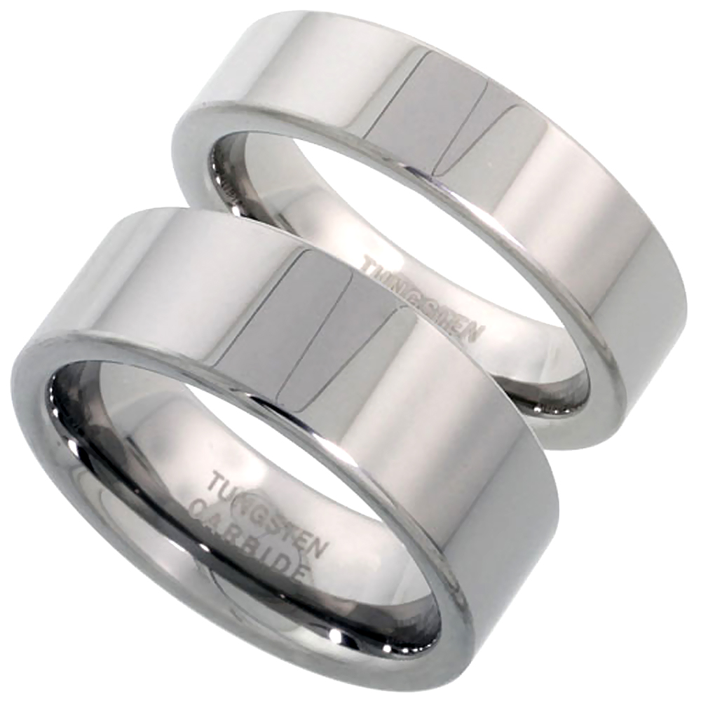 2-Ring Set Tungsten Carbide 6 &amp; 8mm Plain Flat Wedding Band Ring for Men and Women Polished Comfort fit, sizes 5-12