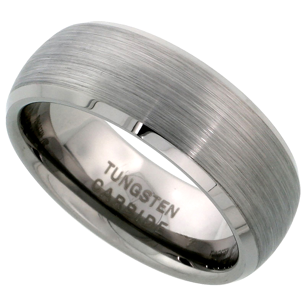 Tungsten Carbide 8 mm Dome Wedding Band Ring Satin Finished Mirror Beveled Edges, sizes 7 to 14