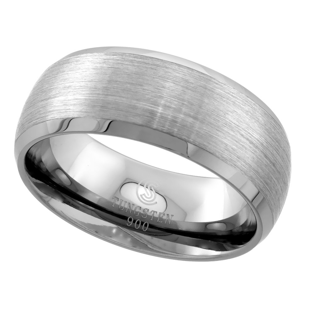 TUNGSTEN CARBIDE 8 MM DOME WEDDING BAND RING SATIN FINISHED MIRROR BEVELED EDGES SIZES 7 TO 14
