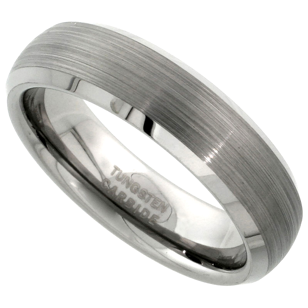 Tungsten Carbide 6 mm Dome Wedding Band Ring Satin Finished Mirror Beveled Edges, sizes 5 to 12