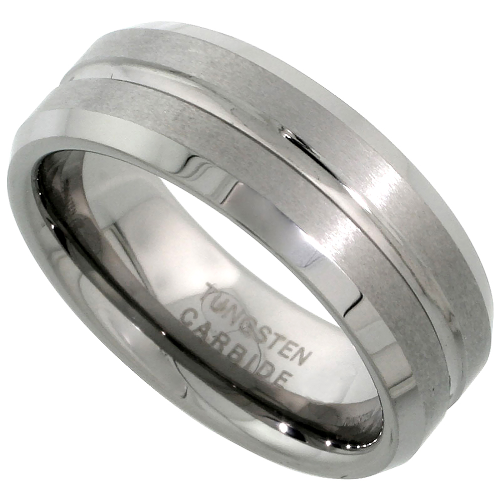 Tungsten Carbide 8 mm Flat Wedding Band Ring Satin Finished Grooved Center Beveled Edges, sizes 5 to 14