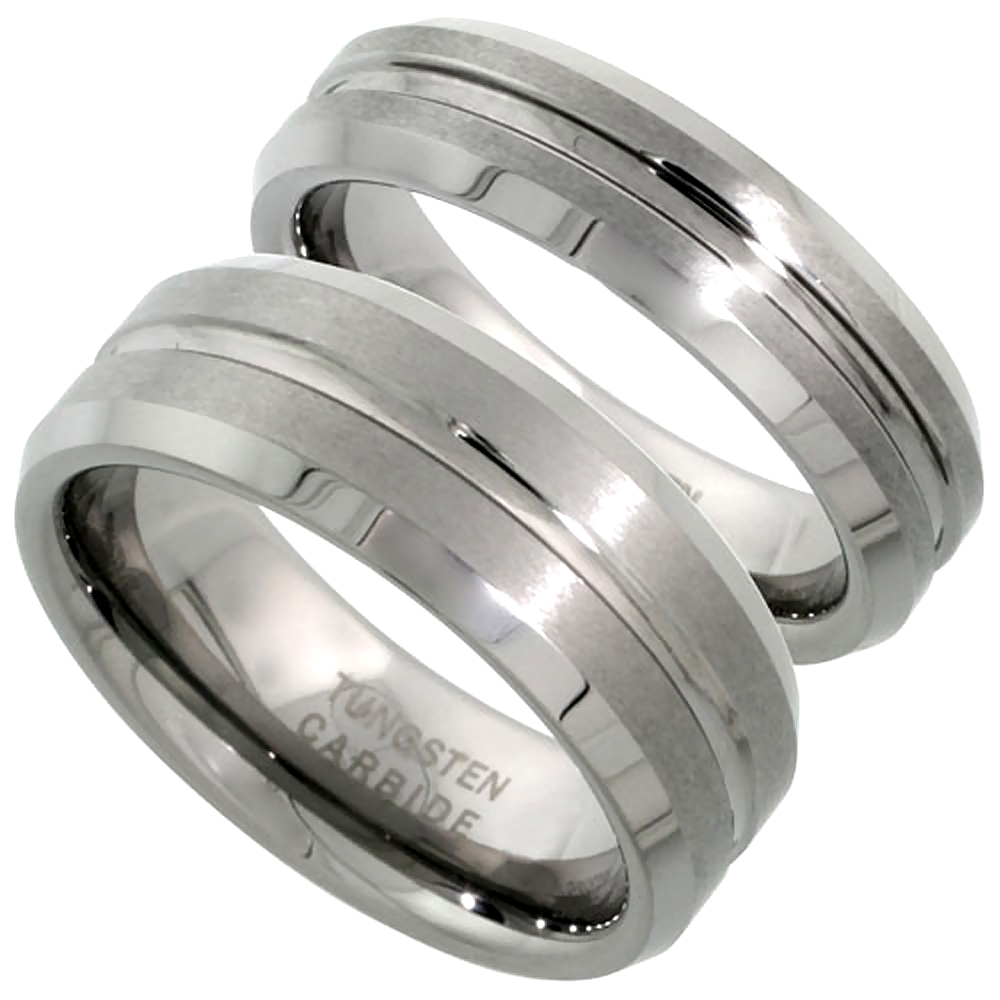 2-RING SET TUNGSTEN CARBIDE 6 & 8 MM HIS & HERS FLAT WEDDING BAND RING SATIN FINISHED GROOVED CENTER BEVELED EDGES, SIZES 9-13 & 5-9