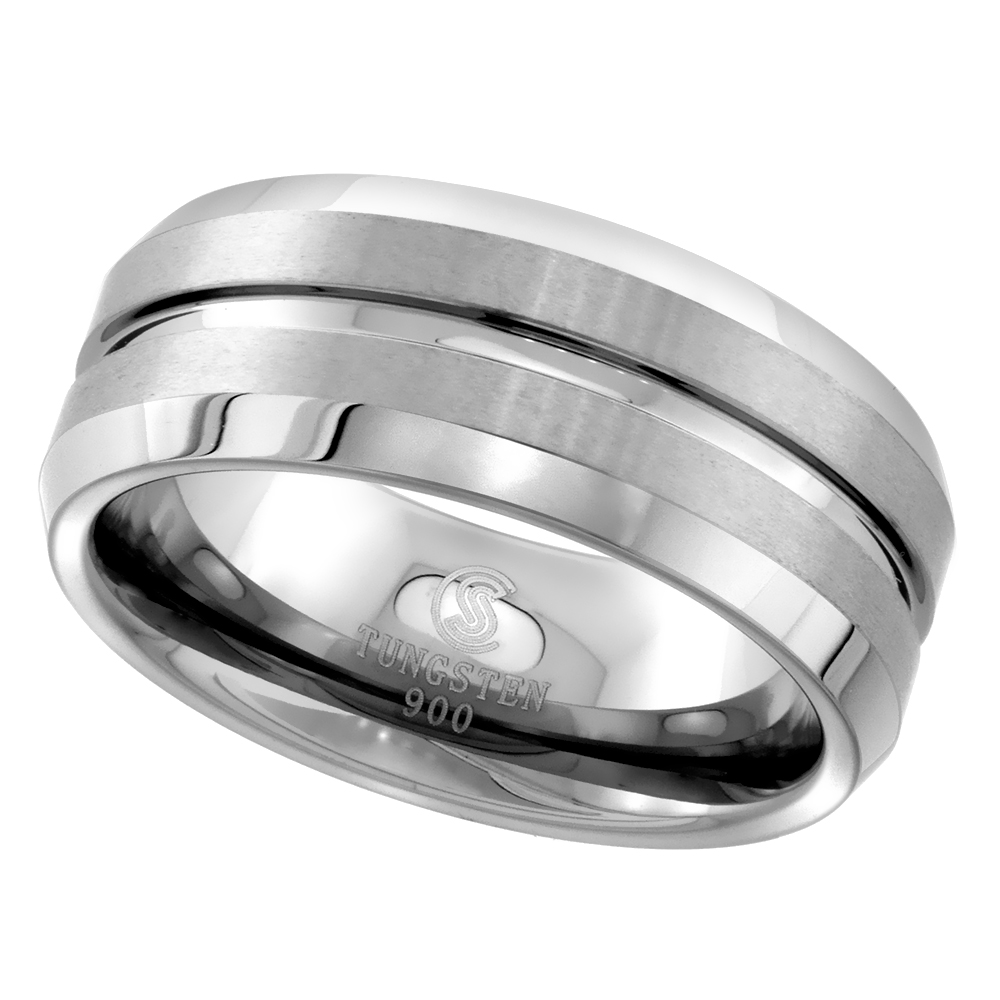 TUNGSTEN CARBIDE 8 MM FLAT WEDDING BAND RING SATIN FINISHED GROOVED CENTER BEVELED EDGES SIZES 5 TO 14