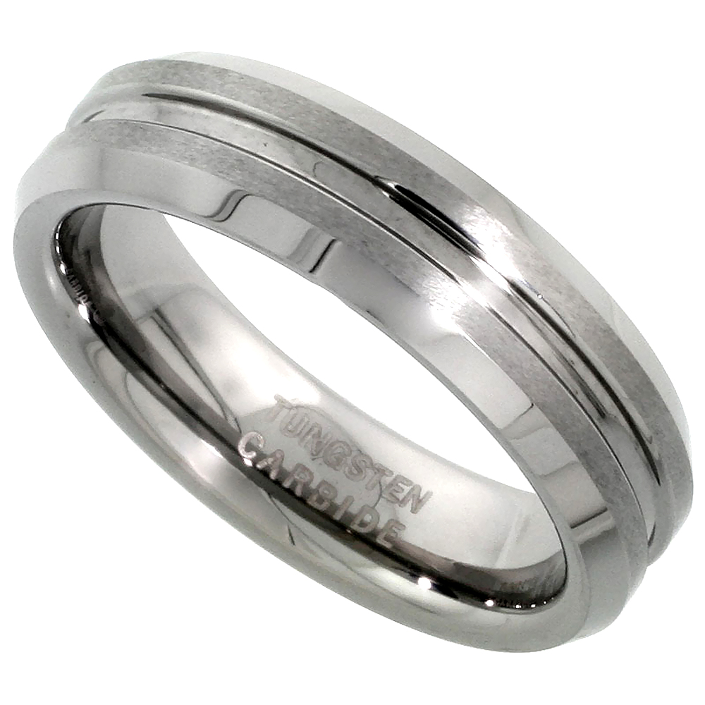 Tungsten Carbide 6 mm Flat Wedding Band Ring Satin Finished Grooved Center Beveled Edges, sizes 5 to 12