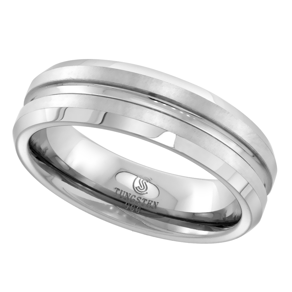 TUNGSTEN CARBIDE 6 MM FLAT WEDDING BAND RING SATIN FINISHED GROOVED CENTER BEVELED EDGES SIZES 5 TO 12