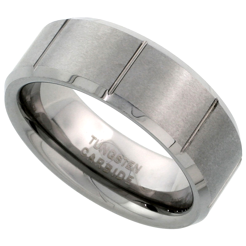 Tungsten Carbide 8 mm Flat Wedding Band Ring Satin Finished Vertical Grooves Beveled Edges, sizes 7 to 14