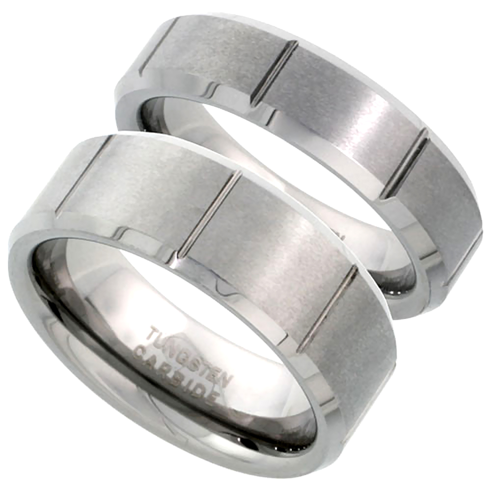 2-RING SET TUNGSTEN CARBIDE 6 & 8 MM HIS & HERS FLAT WEDDING BAND RING SATIN FINISHED VERTICAL GROOVES BEVELED EDGES, SIZES 7-14 & 5-12