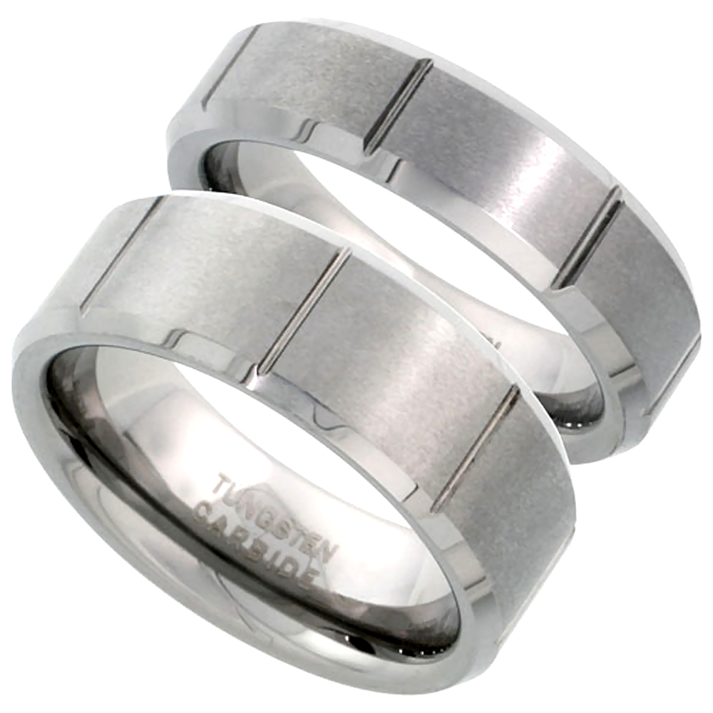 2-Ring Set Tungsten Carbide 6 & 8 mm His & Hers Flat Wedding Band Ring Satin Finished Vertical Grooves Beveled Edges, sizes 7-14 & 5-12