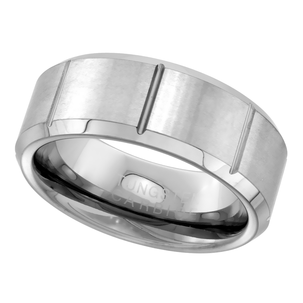 TUNGSTEN CARBIDE 8 MM FLAT WEDDING BAND RING SATIN FINISHED VERTICAL GROOVES BEVELED EDGES SIZES 7 TO 14