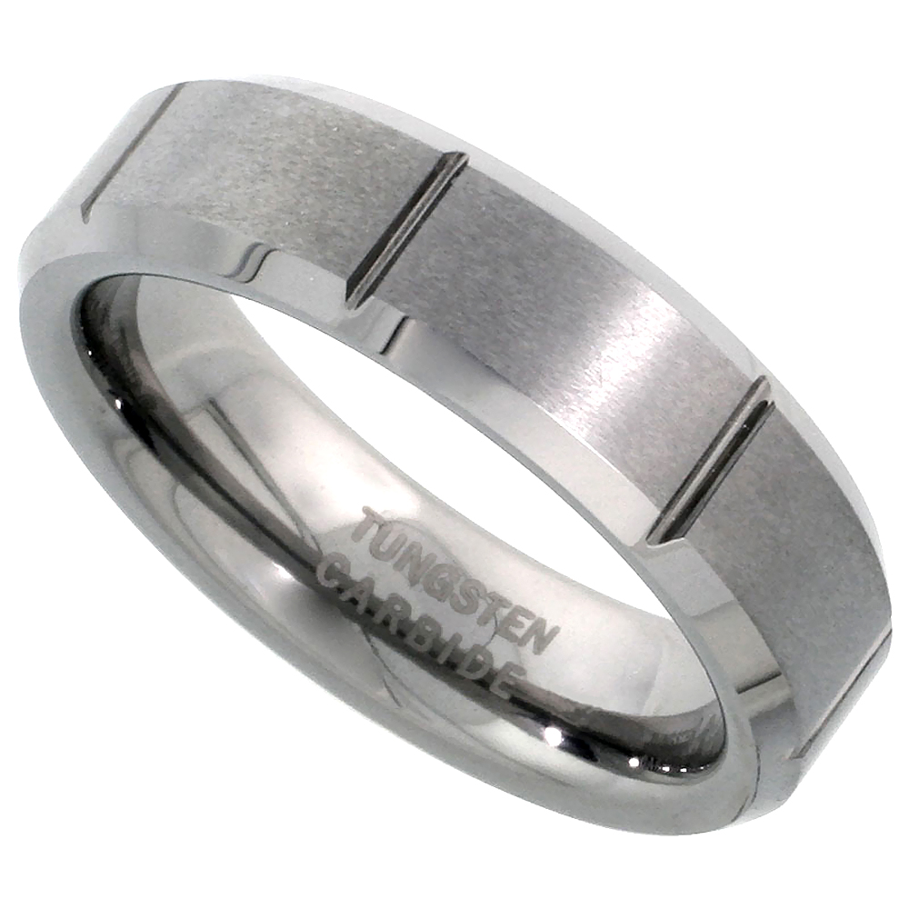 Tungsten Carbide 6 mm Flat Wedding Band Ring Satin Finished Vertical Grooves Beveled Edges, sizes 5 to 12