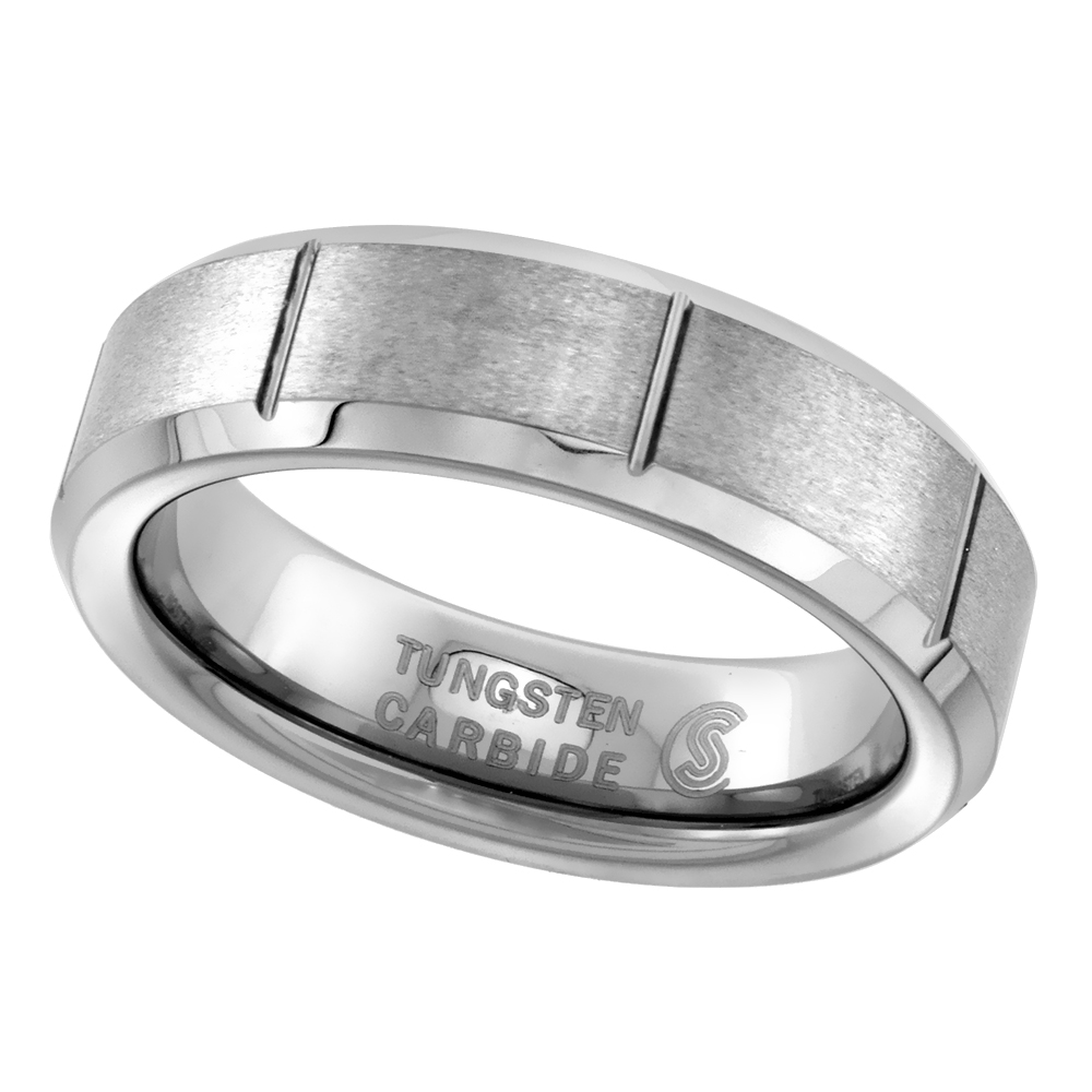 TUNGSTEN CARBIDE 6 MM FLAT WEDDING BAND RING SATIN FINISHED VERTICAL GROOVES BEVELED EDGES SIZES 5 TO 12