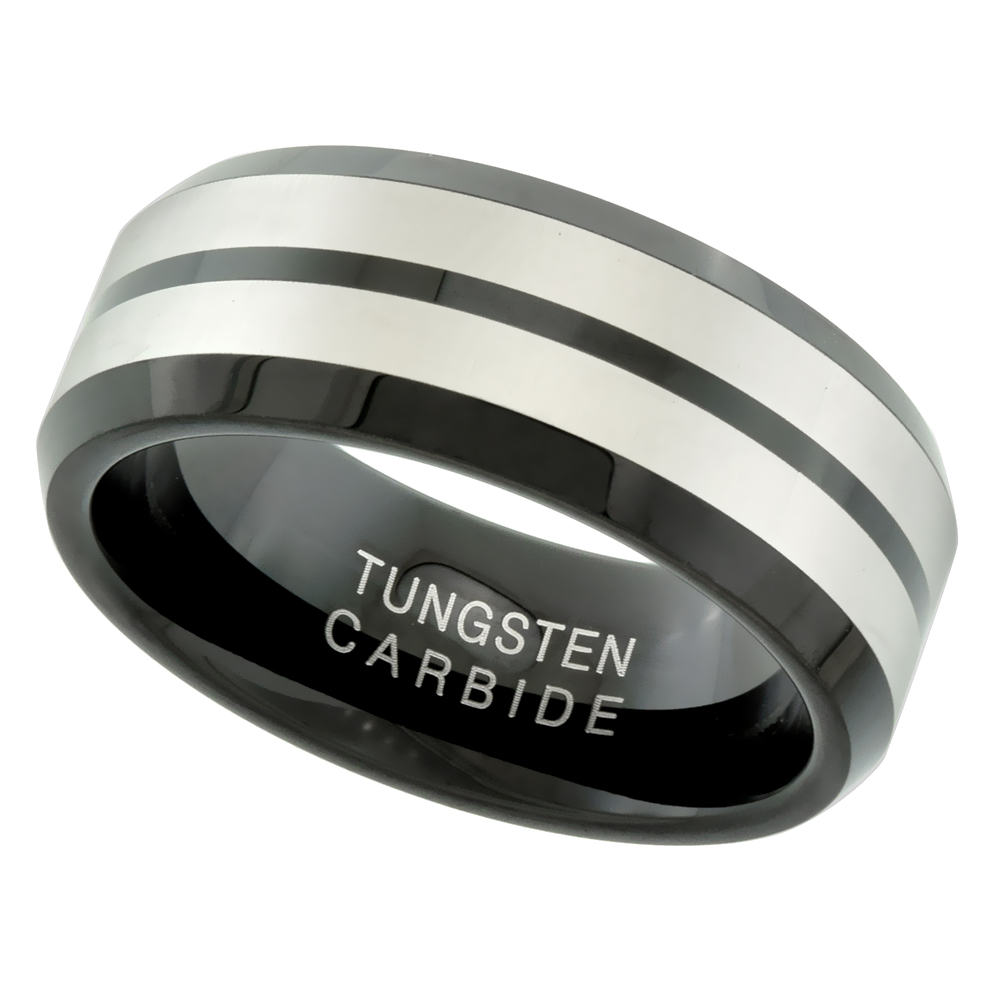 TUNGSTEN CARBIDE 8 MM FLAT WEDDING BAND RING BLACKENED FINISH ETCHED DOUBLE STRIPES BEVELED EDGES SIZES 7 TO 14