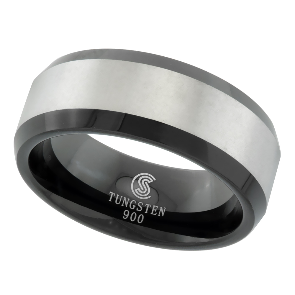 Tungsten Carbide 8 mm Flat Wedding Band Ring Blackened Satin Finish Beveled Edges sizes 7 to 14