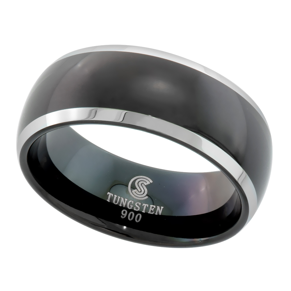 TUNGSTEN CARBIDE 8 MM DOMED WEDDING BAND RING TWO-TONE BLACK FINISH BEVELED EDGES SIZES 7 TO 14