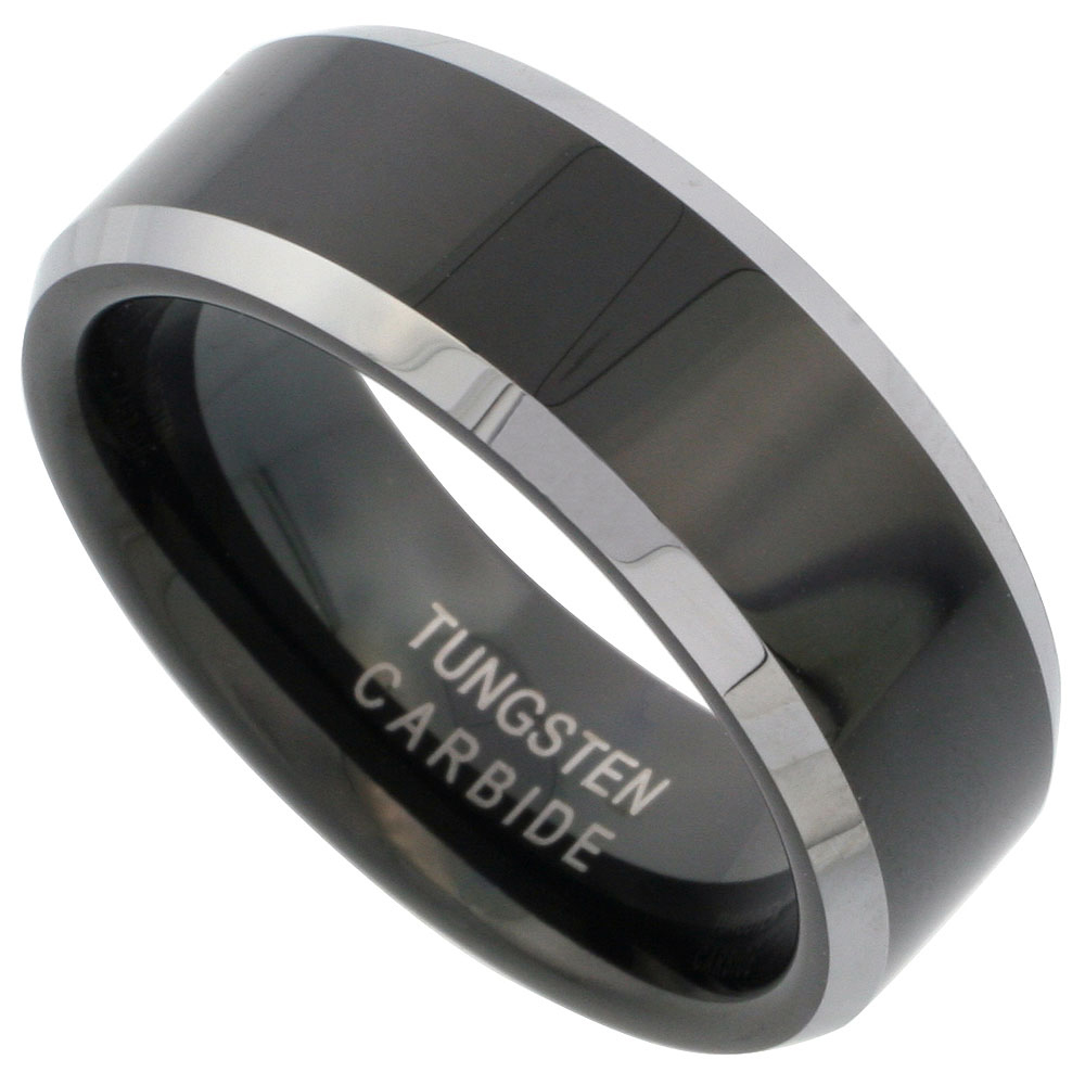 Tungsten Carbide 8 mm Flat Wedding Band Ring Two-tone Black Finish Beveled Edges, sizes 7 to 14