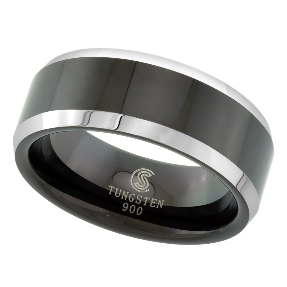 Tungsten Carbide 8 mm Flat Wedding Band Ring Two-tone Black Finish Beveled Edges sizes 7 to 14