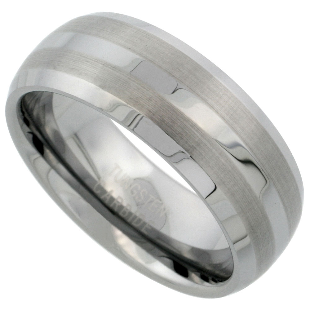Tungsten Carbide 8 mm Dome Wedding Band Ring Double Etched Stripes Beveled Edges, sizes 7 to 14