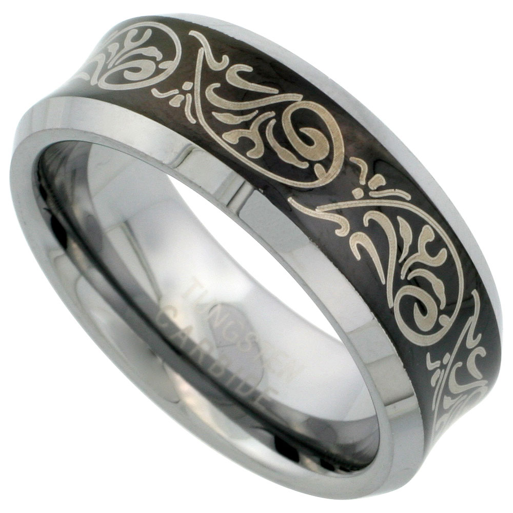 Tungsten Carbide 8 mm Concaved Wedding Band Ring Etched Tribal Pattern Blackened Finish Beveled Edges, sizes 7 to 14