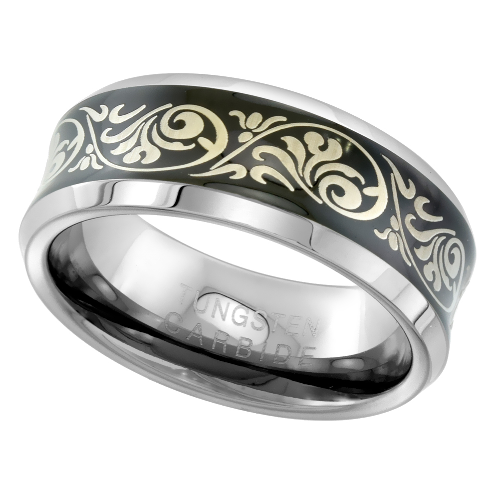 Tungsten Carbide 8 mm Concaved Wedding Band Ring Etched Tribal Pattern Blackened Finish Beveled Edges sizes 7 to 14