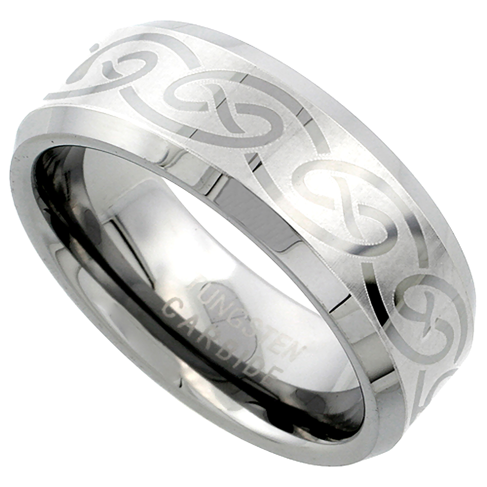 Tungsten Carbide 8 mm Flat Wedding Band Ring Etched Celtic Knot Pattern Beveled Edges, sizes 7 to 14
