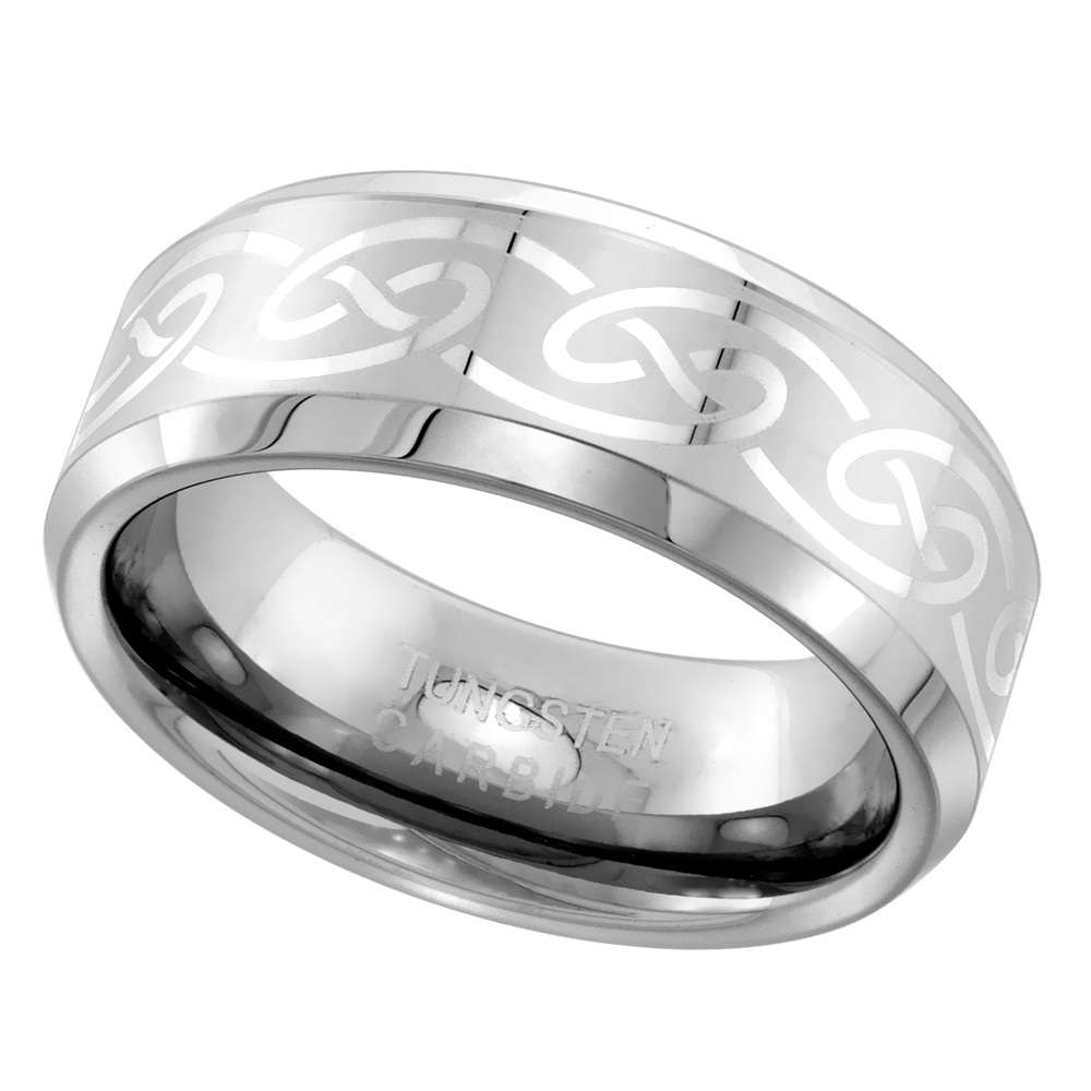 TUNGSTEN CARBIDE 8 MM FLAT WEDDING BAND RING ETCHED CELTIC KNOT PATTERN BEVELED EDGES SIZES 7 TO 14