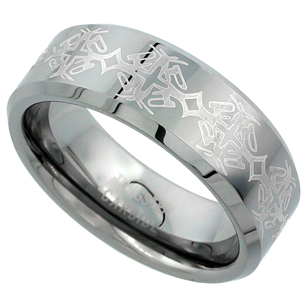 Tungsten Carbide 8 mm Flat Wedding Band Ring Etched Floral Pattern Beveled Edges, sizes 7 to 14