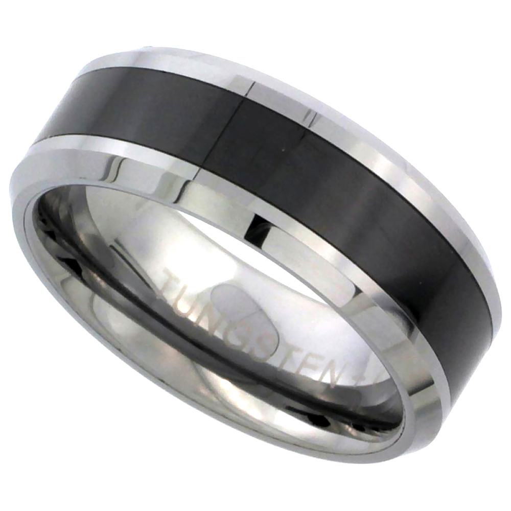Tungsten Carbide 8 mm Flat Wedding Band Ring Black Ceramic Center Stripe Inlay Beveled Edges, sizes 9 to 14