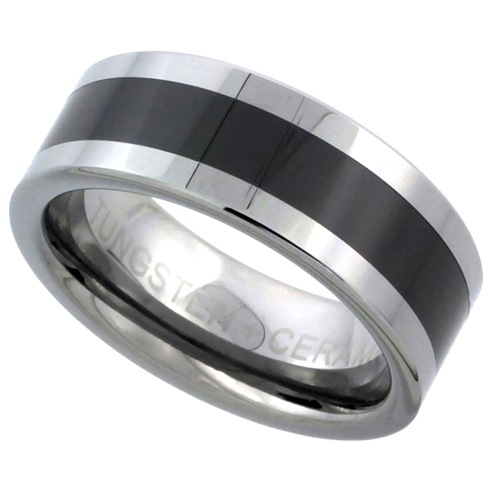 Tungsten Carbide 8 mm Flat Wedding Band Ring Black Ceramic Center Stripe Inlay, sizes 9 to 14