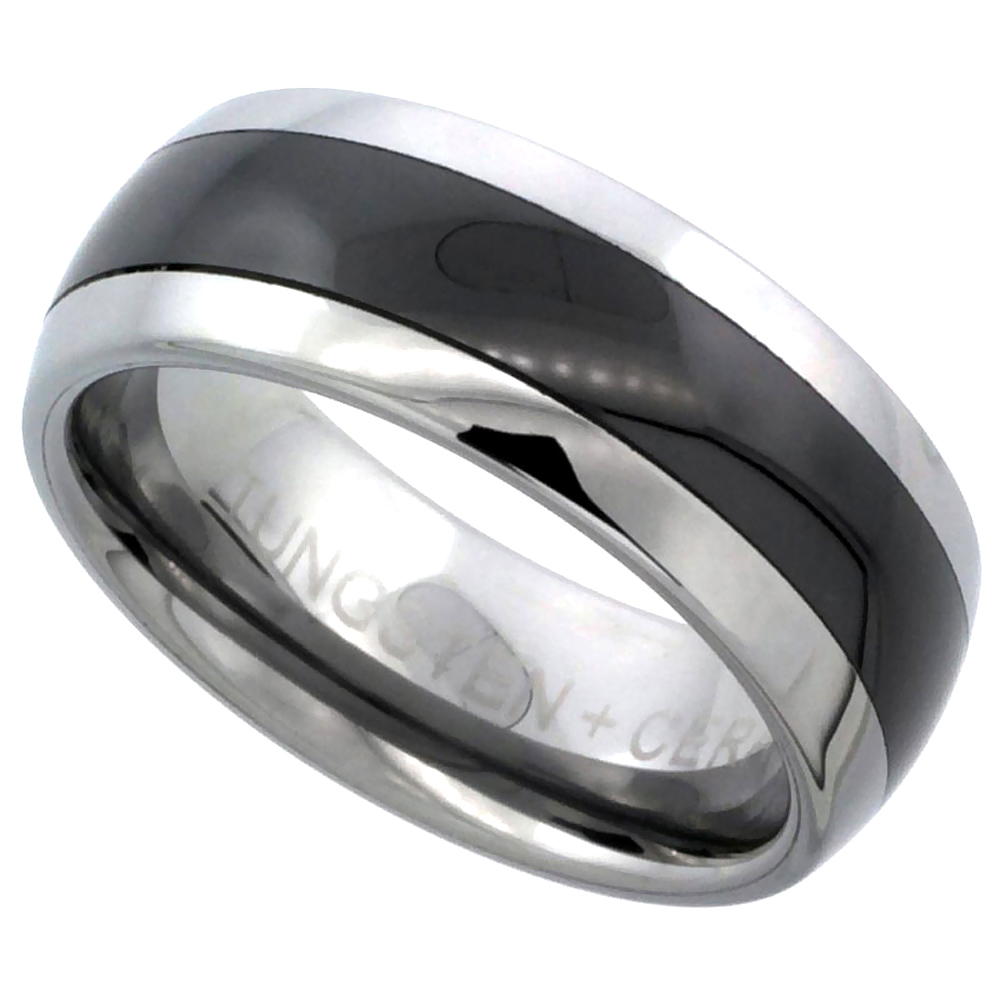 Tungsten Carbide 8 mm Domed Wedding Band Ring Black Ceramic Center Stripe Inlay, sizes 9 to 14