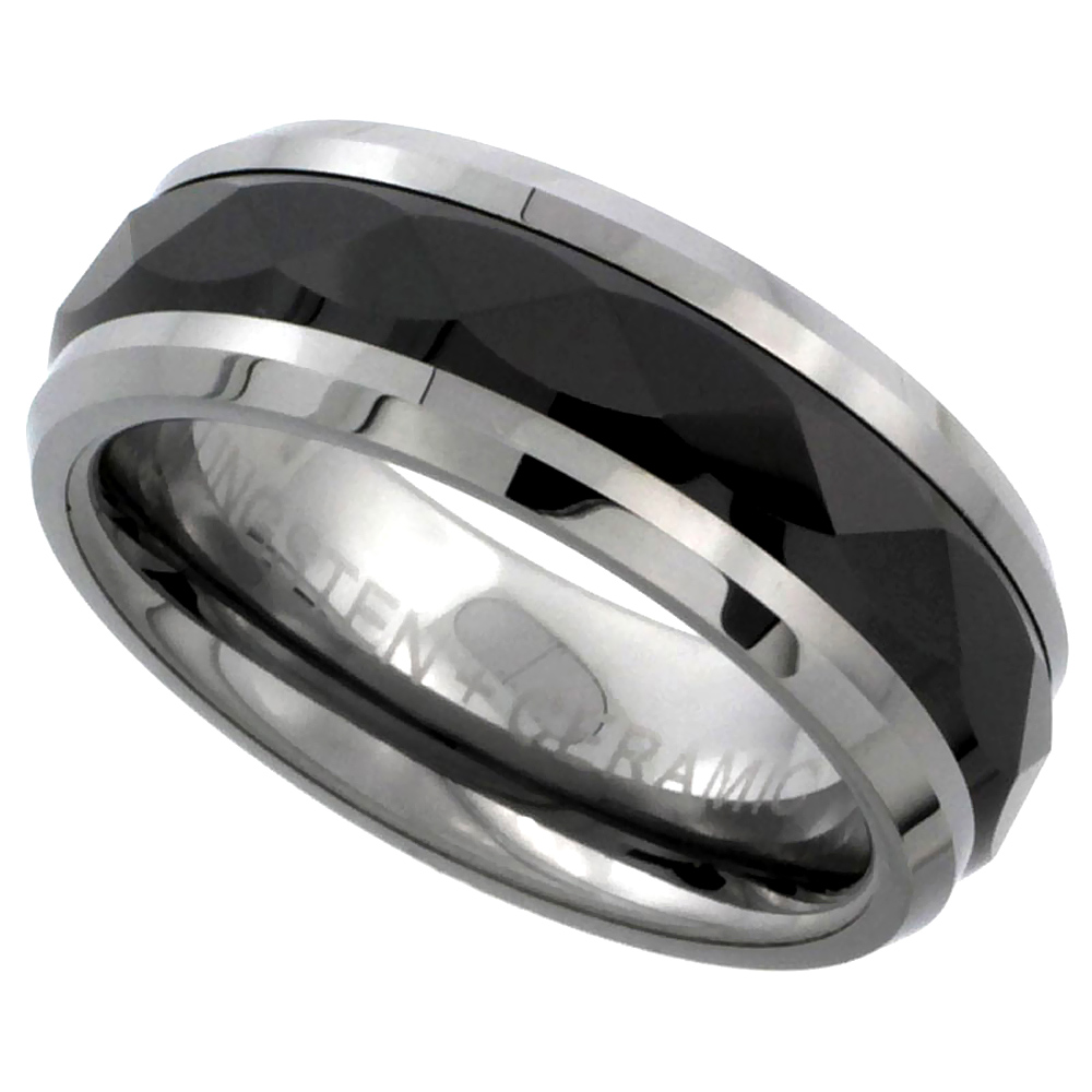Tungsten Carbide 8 mm Flat Wedding Band Ring Faceted Black Ceramic Center Stripe inlay, sizes 9 to 14