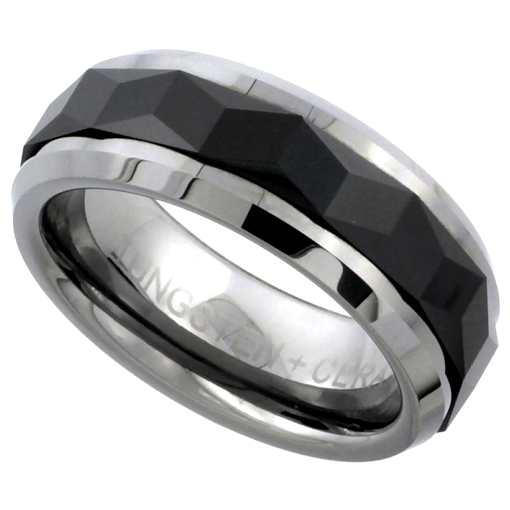 Tungsten Carbide 8 mm Flat Wedding Band Ring Prism Pattern Faceted Black Ceramic Center Stripe Inlay, sizes 9 to 14